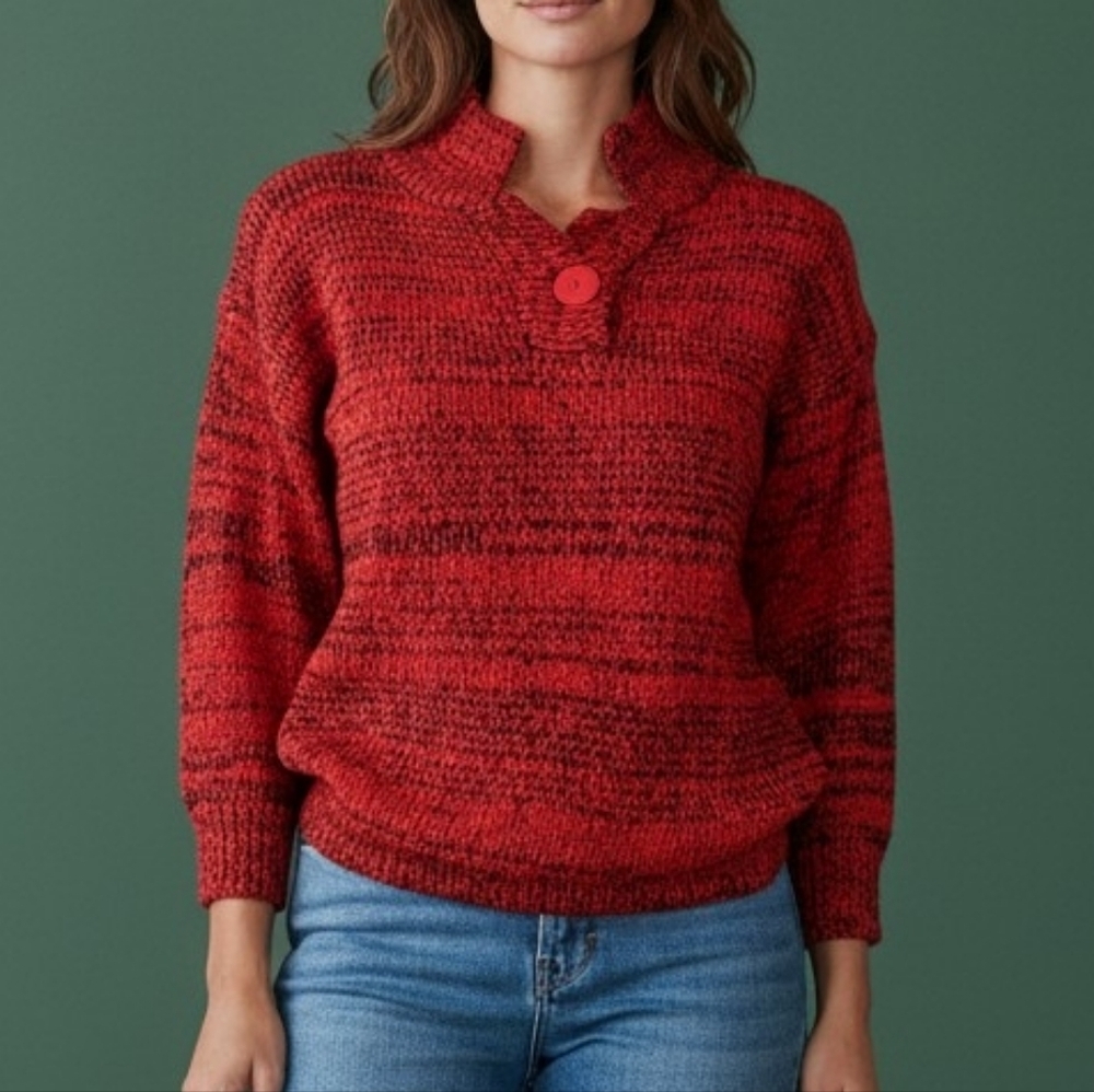 STERLING HARRIS 1980s Tomato Red Marled Knit Split Neck Pullover Sweater